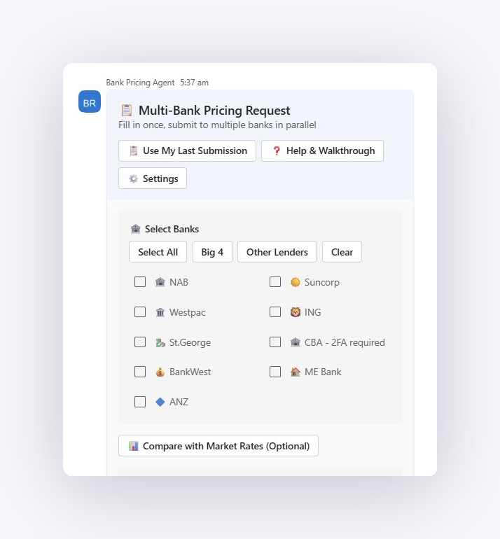Multi-Bank Pricing Request. Select Banks panel inside Microsoft Teams