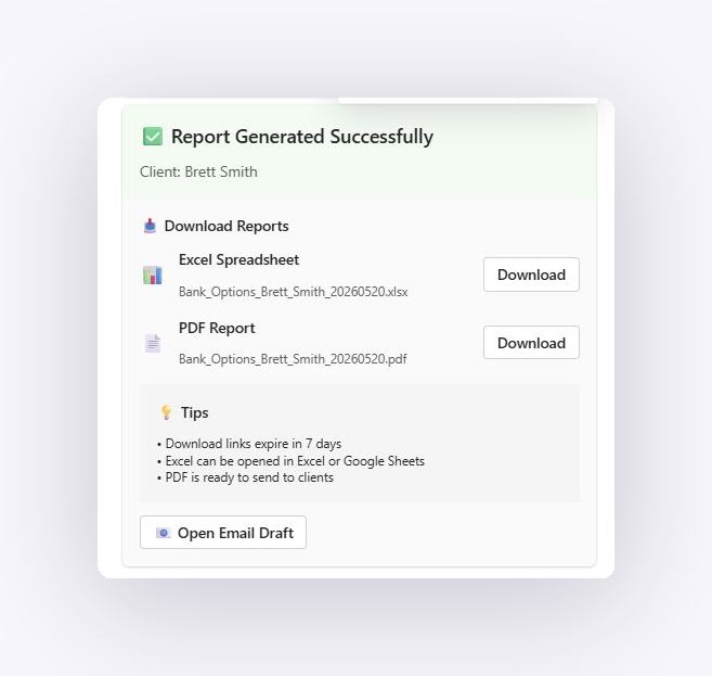 Report Generated Successfully. Excel and PDF downloads ready