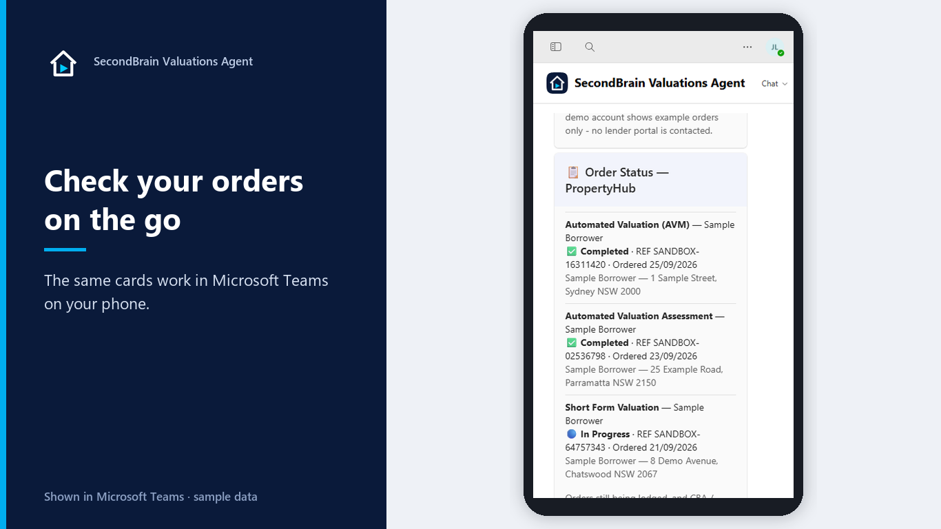 SecondBrain Valuations Agent in Microsoft Teams on a phone