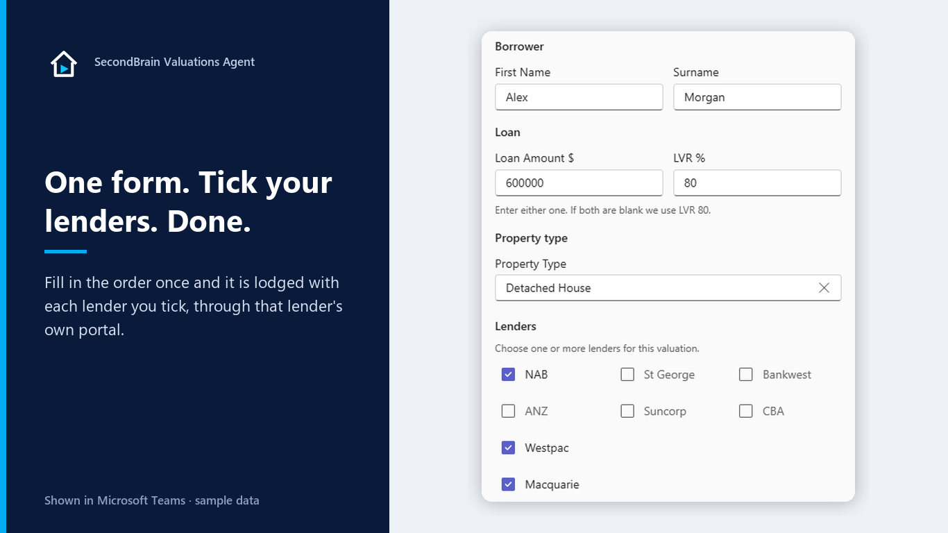 The SecondBrain Valuations Agent order form in Microsoft Teams, with a toggle for each lender