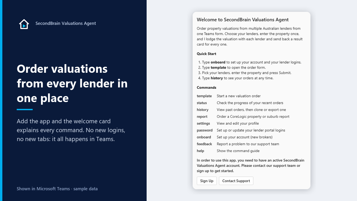 Welcome card listing every SecondBrain Valuations Agent command